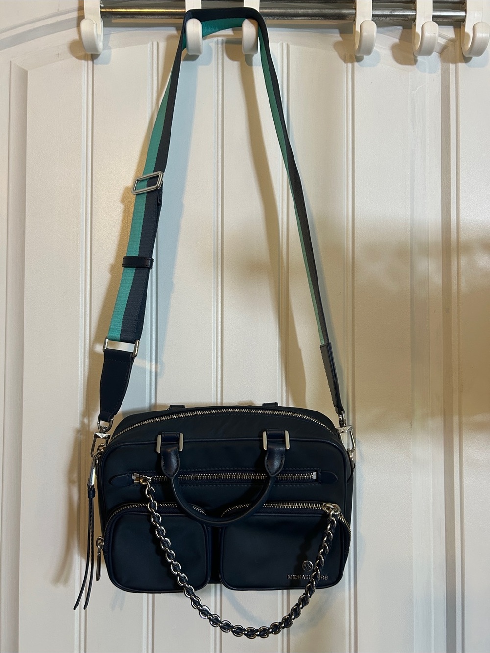 Michael Kors Navy Crossbody with Green-Trim Adjustable Strap